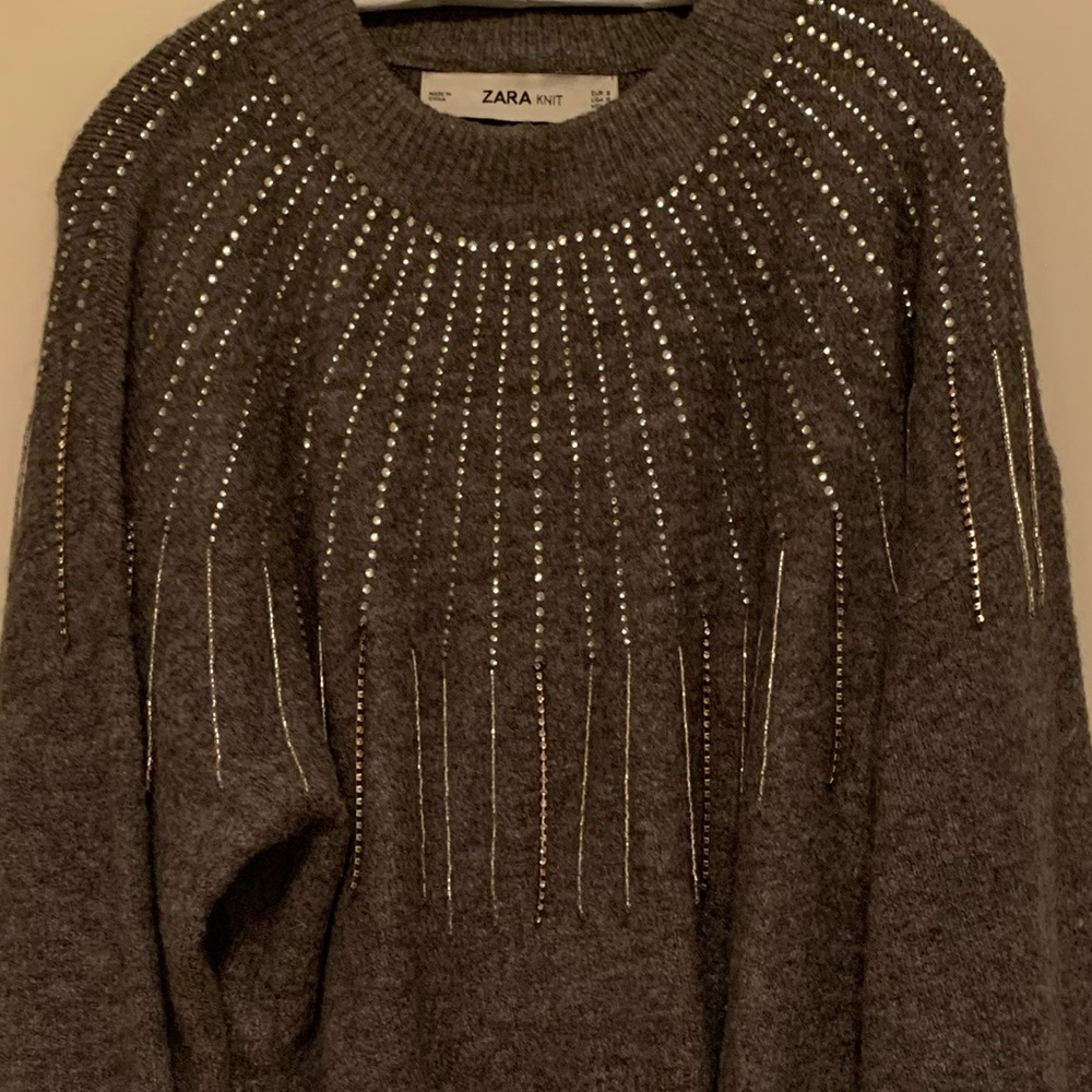 Zara balloon sleeve sweater with embellished yoke